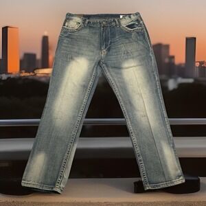 Y2K/2000 GS115 EMBROIDERED BAGGY DENIM BLUE JEANS FADED 40X32 Gangsta Streetwear
